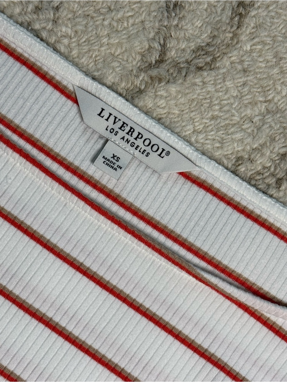 Liverpool Los Angeles White & Red Striped Rib Knit Top XS | Stretch Boat Neck - Picture 3 of 5